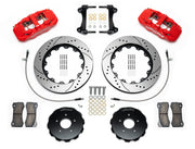 Wilwood AERO6 brake kit: Pair of red AERO6 calipers, drilled-and-slotted rotors, separate dark hats, pads, braided hoses, brackets and fasteners arranged as a parts layout; 14-inch front brake setup for 370Z/G35/G37.