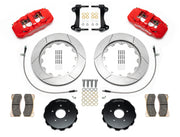 Wilwood AERO6 brake kit: Pair of red AERO6 calipers, slotted rotors, separate dark hats, pads, braided hoses, brackets and fasteners arranged as a parts layout; 14-inch front brake setup for 370Z/G35/G37.