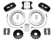 Wilwood AERO6 brake kit: Pair of black AERO6 calipers, slotted rotors, separate dark hats, pads, braided hoses, brackets and fasteners arranged as a parts layout; 14-inch front brake setup for 370Z/G35/G37.