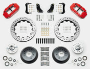 Wilwood Superlite 6R brake kit: Two red calipers, drilled-and-slotted rotor rings, deep dark hats, separate aluminum hubs, bearings, pads, mounting brackets, wheel studs and fasteners in a layout; 12.88-inch front brake setup for 1957–1967 F-100.