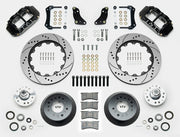Wilwood Superlite 6R brake kit: Two black calipers, drilled-and-slotted rotor rings, deep dark hats, separate aluminum hubs, bearings, pads, mounting brackets, wheel studs and fasteners in a layout; 14-inch front brake setup for 1957–1967 F-100.