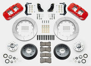 Wilwood AERO6 brake kit: Two red calipers, slotted rotor rings, deep dark hats, separate aluminum hubs, bearings, pads, mounting brackets, wheel studs and fasteners in a layout; 14-inch front brake setup for 1957–1967 F-100.