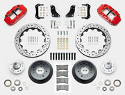 Wilwood Superlite 6R brake kit: Two red calipers, drilled-and-slotted rotor rings, deep dark hats, separate aluminum hubs, bearings, pads, mounting brackets, wheel studs and fasteners in a layout; 12.88-inch front brake setup for 1968–1972 F-100 2WD.
