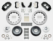 Wilwood Superlite 6R brake kit: Two black calipers, drilled-and-slotted rotor rings, deep dark hats, separate aluminum hubs, bearings, pads, mounting brackets, wheel studs and fasteners in a layout; 12.88-inch front brake setup for 1968–1972 F-100 2WD.