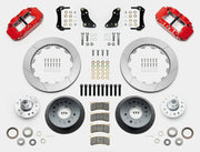 Wilwood Superlite 6R brake kit: Two red calipers, slotted rotor rings, deep dark hats, separate aluminum hubs, bearings, pads, mounting brackets, wheel studs and fasteners in a layout; 12.88-inch front brake setup for 1968–1972 F-100 2WD.