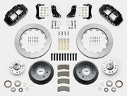 Wilwood Superlite 6R brake kit: Two black calipers, slotted rotor rings, deep dark hats, separate aluminum hubs, bearings, pads, mounting brackets, wheel studs and fasteners in a layout; 12.88-inch front brake setup for 1968–1972 F-100 2WD.