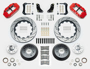 Wilwood F-100 4x2 drum-spindle front kit layout with red Superlite 6R calipers, 14.00-inch drilled-and-slotted rotors, aluminum hats, separate hubs, pads, bearings and mounting hardware