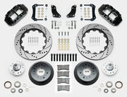 Wilwood F-100 4x2 drum-spindle front kit layout with black Superlite 6R calipers, 14.00-inch drilled-and-slotted rotors, aluminum hats, separate hubs, pads, bearings and mounting hardware