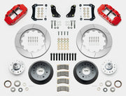 Wilwood F-100 4x2 drum-spindle front kit layout with red Superlite 6R calipers, 14.00-inch GT-slotted rotors, aluminum hats, separate hubs, pads, bearings and mounting hardware