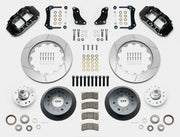 Wilwood F-100 4x2 drum-spindle front kit layout with black Superlite 6R calipers, 14.00-inch GT-slotted rotors, aluminum hats, separate hubs, pads, bearings and mounting hardware