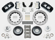 Wilwood F-100 AERO6 drum-spindle front kit layout with black AERO6 calipers, 14.00-inch drilled-and-slotted rotors, aluminum hats, separate hubs, pads, bearings and mounting hardware