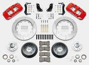 Wilwood F-100 AERO6 drum-spindle front kit layout with red AERO6 calipers, 14.00-inch GT-slotted rotors, aluminum hats, separate hubs, pads, bearings and mounting hardware
