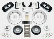Wilwood F-100 AERO6 drum-spindle front kit layout with black AERO6 calipers, 14.00-inch GT-slotted rotors, aluminum hats, separate hubs, pads, bearings and mounting hardware