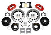 Wilwood Mopar snap-ring Green-bearing rear kit layout with red Superlite 4R calipers, 14.00-inch drilled-and-slotted rotors, parking hats, internal shoe assemblies, pads and brackets