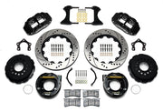 Wilwood Mopar snap-ring Green-bearing rear kit layout with black Superlite 4R calipers, 14.00-inch drilled-and-slotted rotors, parking hats, internal shoe assemblies, pads and brackets