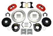 Wilwood Mopar snap-ring Green-bearing rear kit layout with red Superlite 4R calipers, 14.00-inch GT-slotted rotors, parking hats, internal shoe assemblies, pads and brackets