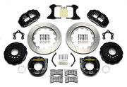 Wilwood Mopar snap-ring Green-bearing rear kit layout with black Superlite 4R calipers, 14.00-inch GT-slotted rotors, parking hats, internal shoe assemblies, pads and brackets