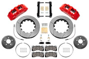 Wilwood Mustang or Ridetech hub-spindle 15-inch front kit layout with red SX6R calipers, 15.00-inch GT-slotted rotors, lug-drive hats, retaining rings, pads and brackets