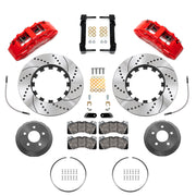 Wilwood Mustang or Ridetech hub-spindle 14-inch front kit layout with red SX6R calipers, 14.00-inch drilled-and-slotted rotors, lug-drive hats, retaining rings, pads and brackets