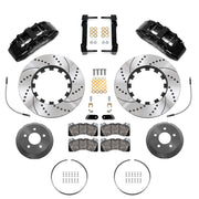 Wilwood Mustang or Ridetech hub-spindle 14-inch front kit layout with black SX6R calipers, 14.00-inch drilled-and-slotted rotors, lug-drive hats, retaining rings, pads and brackets