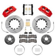 Wilwood Mustang or Ridetech hub-spindle 14-inch front kit layout with red SX6R calipers, 14.00-inch GT-slotted rotors, lug-drive hats, retaining rings, pads and brackets