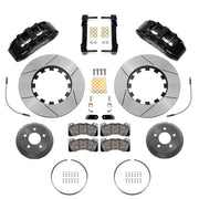 Wilwood Mustang or Ridetech hub-spindle 14-inch front kit layout with black SX6R calipers, 14.00-inch GT-slotted rotors, lug-drive hats, retaining rings, pads and brackets