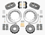 Wilwood BMW E46 M3 front race kit layout with gray anodized AERO6 calipers, 14.00-inch GT-slotted rotors, separate dynamic hats, pads and mounting brackets