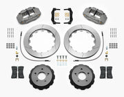Wilwood BMW E46 M3 rear race kit layout with gray anodized Superlite 4R calipers, 12.88-inch GT-slotted rotors, separate dynamic hats, pads and mounting brackets
