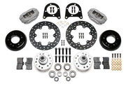 Wilwood early Ford drag front kit layout with gray anodized Forged Dynalite Internal calipers, 10.75-inch drilled solid steel rotors, aluminum hubs, pads, brackets, bearings and wheel studs