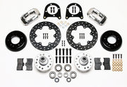 Wilwood early Ford polished-caliper drag front kit layout with polished Forged Dynalite Internal calipers, 10.75-inch drilled solid steel rotors, aluminum hubs, pads, brackets, bearings and wheel studs