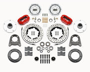 Wilwood MG TD/TF five-lug front kit layout with red Forged Dynalite-M calipers, 10.75-inch drilled-and-slotted rotors, aluminum hubs, rotor adapter plates, pads, bearings and mounting parts, included wheel spacers