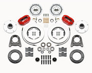 Wilwood MG TD/TF five-lug front kit layout with red Forged Dynalite-M calipers, 10.75-inch plain-face rotors, aluminum hubs, rotor adapter plates, pads, bearings and mounting parts, included wheel spacers