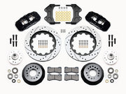 Wilwood AERO6 ProSpindle front kit layout with black AERO6 calipers, 15.00-inch drilled-and-slotted rotors, aluminum hats, separate hubs, pads, bearings and mounting hardware