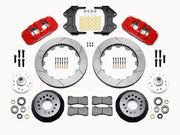 Wilwood AERO6 ProSpindle front kit layout with red AERO6 calipers, 15.00-inch GT-slotted rotors, aluminum hats, separate hubs, pads, bearings and mounting hardware