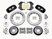 Wilwood AERO6 ProSpindle front kit layout with black AERO6 calipers, 15.00-inch GT-slotted rotors, aluminum hats, separate hubs, pads, bearings and mounting hardware