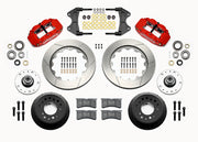 Wilwood 5x5 ProSpindle 14-inch front kit layout with red Superlite 6R calipers, 14.00-inch GT-slotted rotors, aluminum hats, separate hubs, pads, bearings and mounting hardware