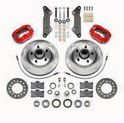 Wilwood 1957–1960 Cadillac front kit layout with red Forged Dynalite-M calipers, 11.88-inch plain-face rotors, integral rotor/hubs, pads, bearings and brackets