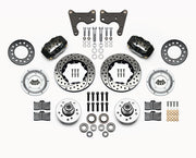 Wilwood C-body 11-inch Dynalite front kit layout with black Forged Dynalite Internal calipers, 11.00-inch drilled-and-slotted rotors, aluminum hubs, rotor adapter plates, pads, bearings and mounting parts