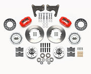 Wilwood C-body 11-inch Dynalite front kit layout with red Forged Dynalite Internal calipers, 11.00-inch plain-face rotors, aluminum hubs, rotor adapter plates, pads, bearings and mounting parts