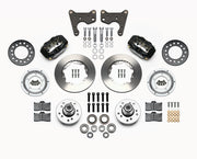 Wilwood C-body 11-inch Dynalite front kit layout with black Forged Dynalite Internal calipers, 11.00-inch plain-face rotors, aluminum hubs, rotor adapter plates, pads, bearings and mounting parts