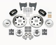 Wilwood C-body 12.19-inch Dynalite front kit layout with black Forged Dynalite Internal calipers, 12.19-inch drilled-and-slotted rotors, aluminum hubs, rotor adapter plates, pads, bearings and mounting parts