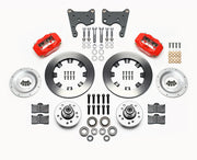 Wilwood C-body 12.19-inch Dynalite front kit layout with red Forged Dynalite Internal calipers, 12.19-inch plain-face rotors, aluminum hubs, rotor adapter plates, pads, bearings and mounting parts