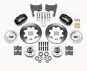 Wilwood C-body 12.19-inch Dynalite front kit layout with black Forged Dynalite Internal calipers, 12.19-inch plain-face rotors, aluminum hubs, rotor adapter plates, pads, bearings and mounting parts