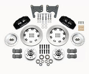 Wilwood C-body six-piston Dynapro front kit layout with black Dynapro 6 calipers, 12.19-inch plain-face rotors, aluminum hubs, rotor adapter plates, pads, bearings and mounting parts