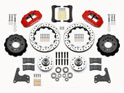 Wilwood C-body 12.88-inch Superlite front kit layout with red Superlite 6R calipers, 12.88-inch drilled-and-slotted rotors, aluminum hats, separate hubs, pads, bearings and mounting hardware
