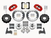 Wilwood C-body 12.88-inch Superlite front kit layout with red Superlite 6R calipers, 12.88-inch GT-slotted rotors, aluminum hats, separate hubs, pads, bearings and mounting hardware