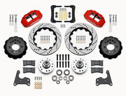 Wilwood C-body 14-inch Superlite front kit layout with red Superlite 6R calipers, 14.00-inch drilled-and-slotted rotors, aluminum hats, separate hubs, pads, bearings and mounting hardware