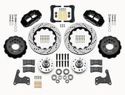 Wilwood C-body 14-inch Superlite front kit layout with black Superlite 6R calipers, 14.00-inch drilled-and-slotted rotors, aluminum hats, separate hubs, pads, bearings and mounting hardware