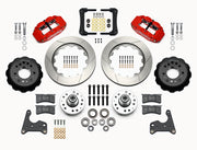 Wilwood C-body 14-inch Superlite front kit layout with red Superlite 6R calipers, 14.00-inch GT-slotted rotors, aluminum hats, separate hubs, pads, bearings and mounting hardware