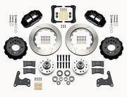 Wilwood C-body 14-inch Superlite front kit layout with black Superlite 6R calipers, 14.00-inch GT-slotted rotors, aluminum hats, separate hubs, pads, bearings and mounting hardware